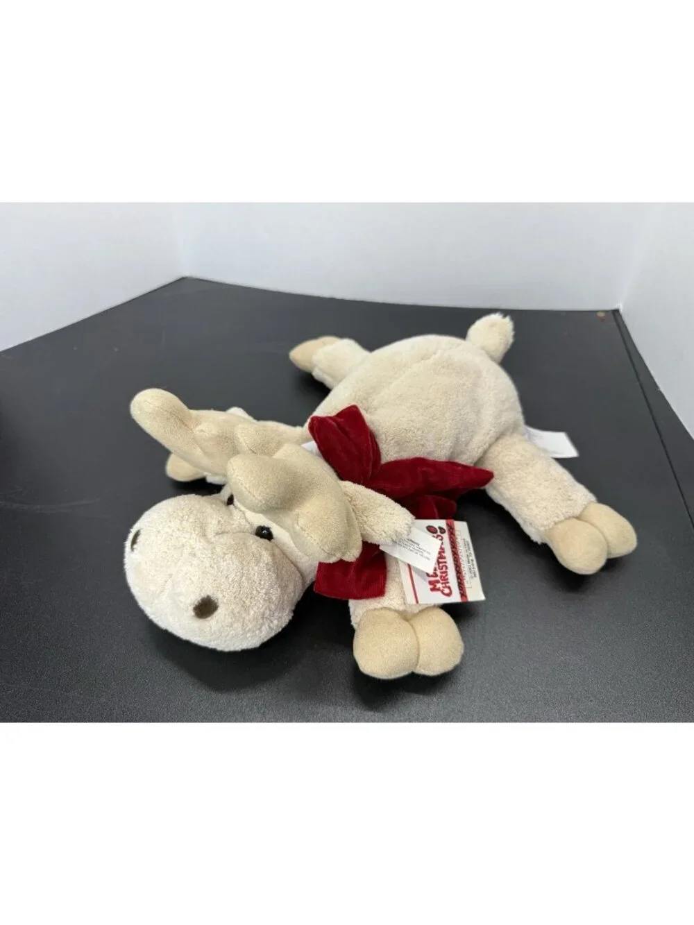 Vintage 2002 MTY Int'l Tan Plush Christmas Moose Red Bow 14” Stuffed Animal